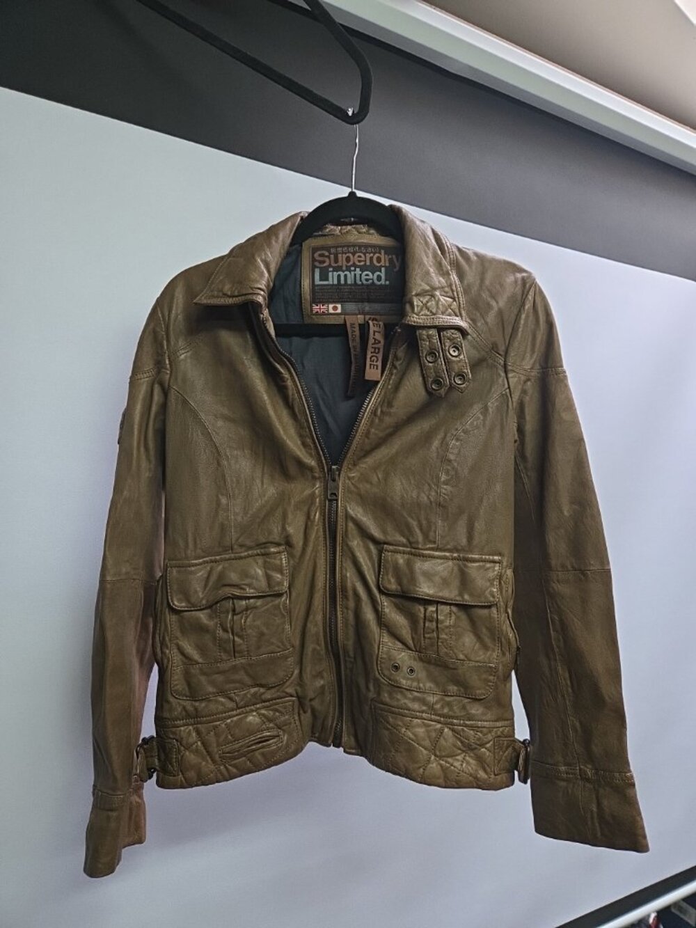 Superdry Warbird Leather Jacket Distressed Green Brown Size-Large MSRP/$600